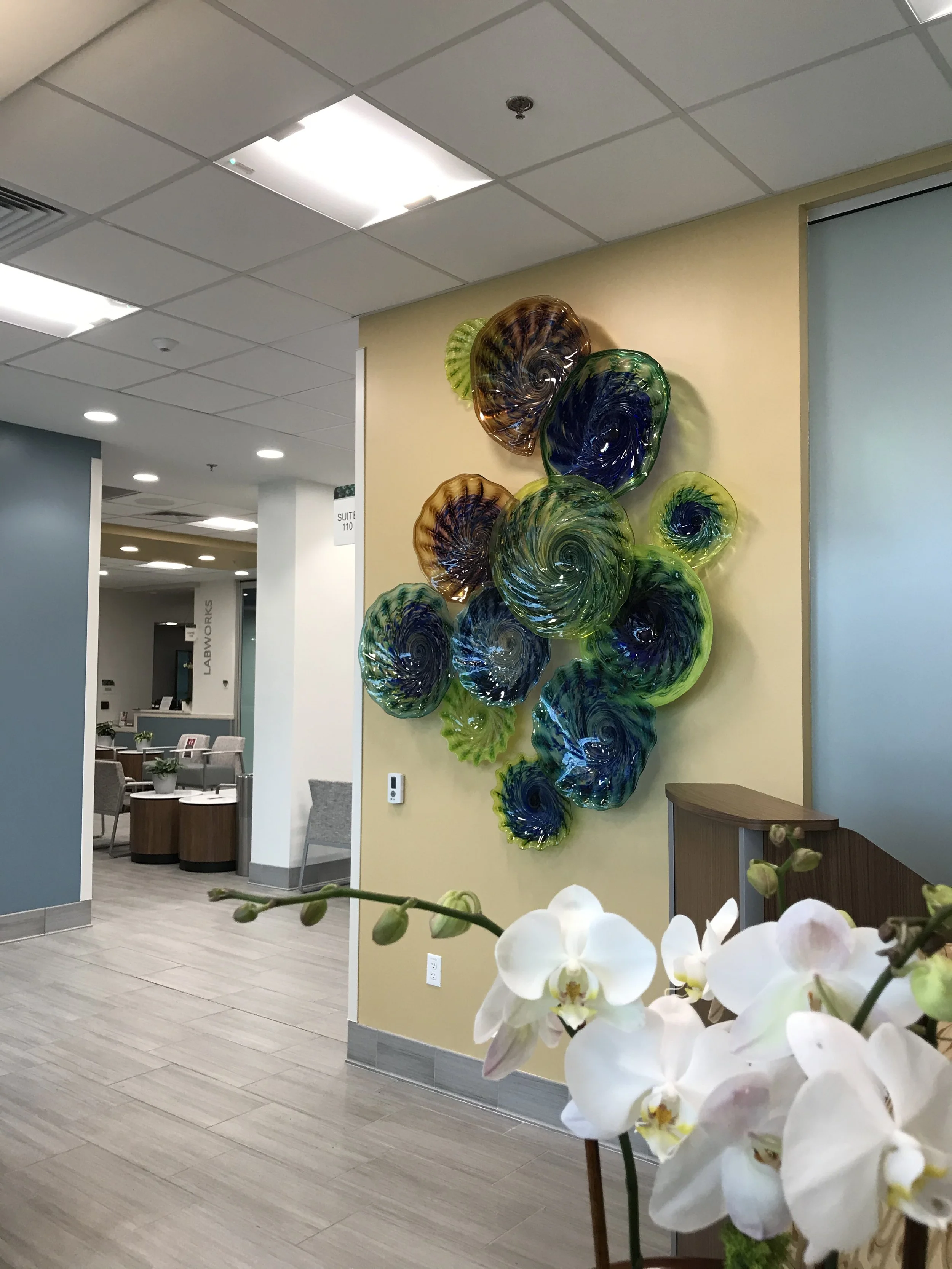 wall hand blown glass platters in blues, greens and browns displayed in an office setting