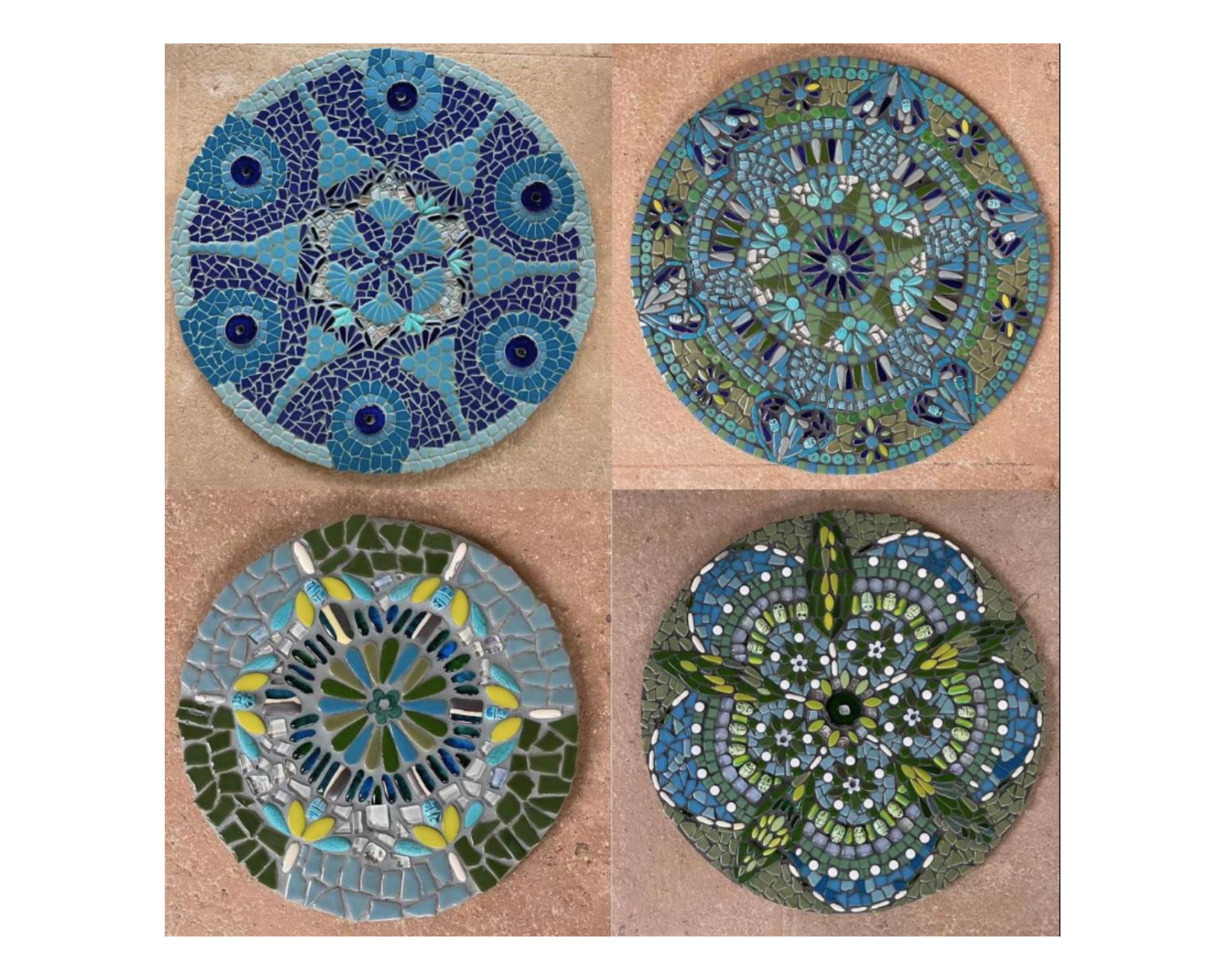 4 mosaic mandalas laid out in a grid 