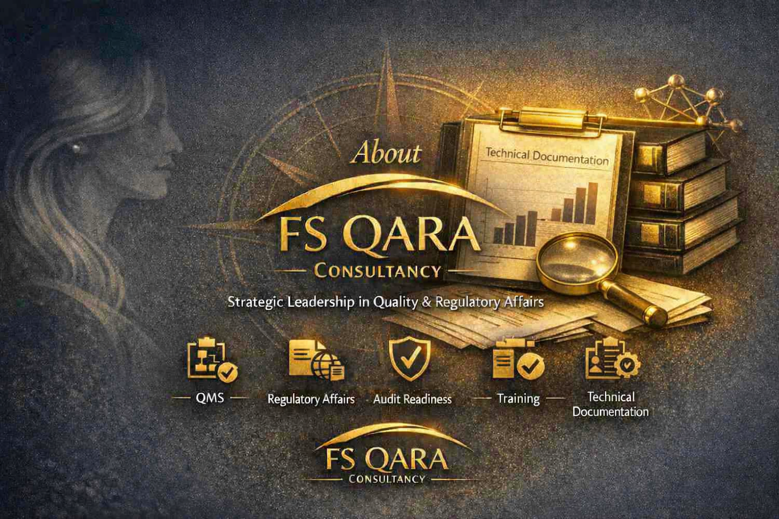 A promotional image for FS QARA Consultancy featuring a woman in profile on the left, with gold and black graphic elements, a stack of books, a magnifying glass, and icons representing quality management, regulatory affairs, audit readiness, training, and technical documentation at the bottom. The tagline reads "Strategic Leadership in Quality & Regulatory Affairs."