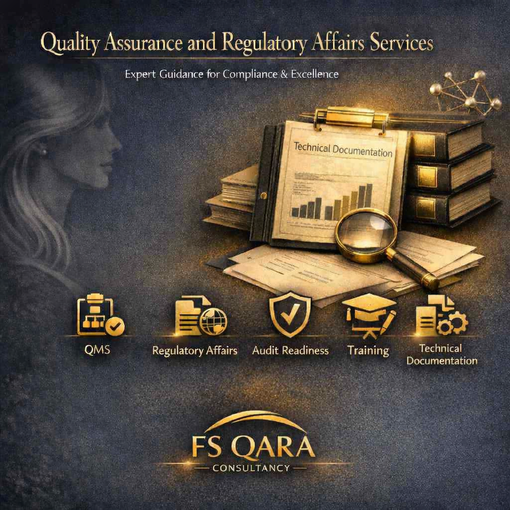 Advertisement for FS QARA Consultancy offering quality assurance and regulatory affairs services, including technical documentation, with icons representing QMS, regulatory affairs, audit readiness, training, and technical documentation.