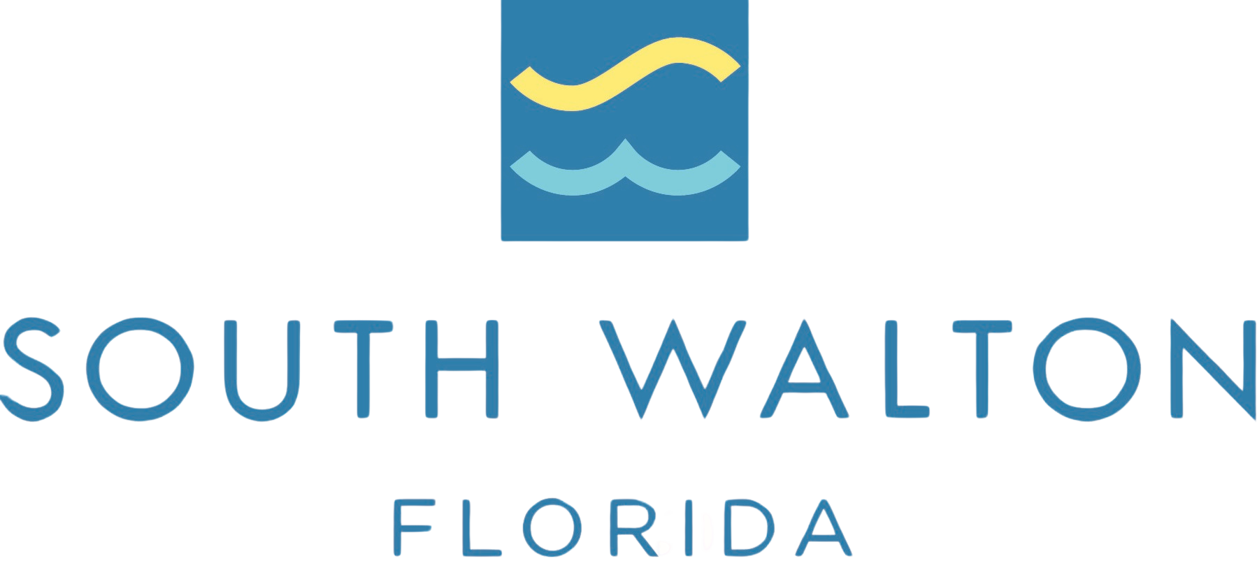 Logo for South Walton, Florida, featuring a blue square with a yellow curved line and a blue curved line representing waves, with the text 'South Walton Florida' underneath.