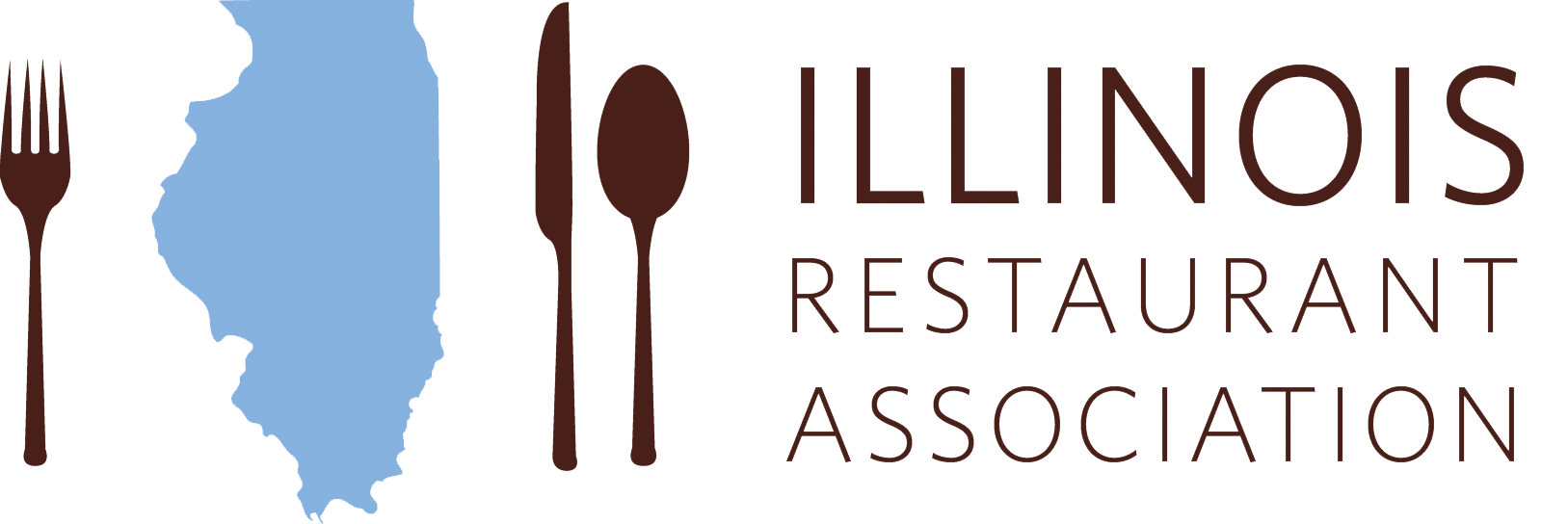 Logo for the Illinois Restaurant Association featuring a blue map outline of Illinois, with a fork and knife on each side and the text "Illinois Restaurant Association" to the right.
