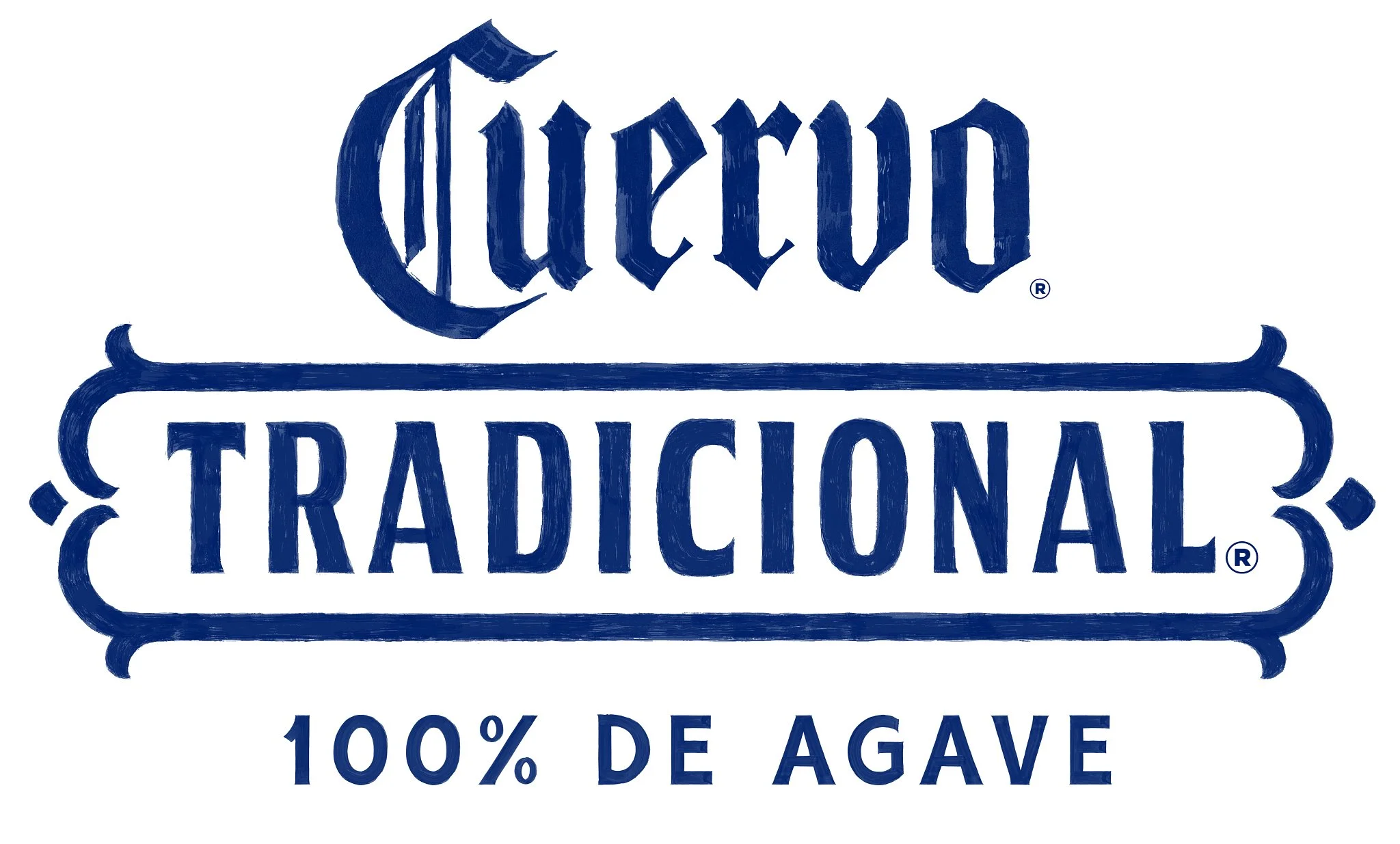 Cuervo Traditional logo in blue with a decorative border, featuring the text "Cuervo" and "Traditional," and indicating it is made from 100% agave.