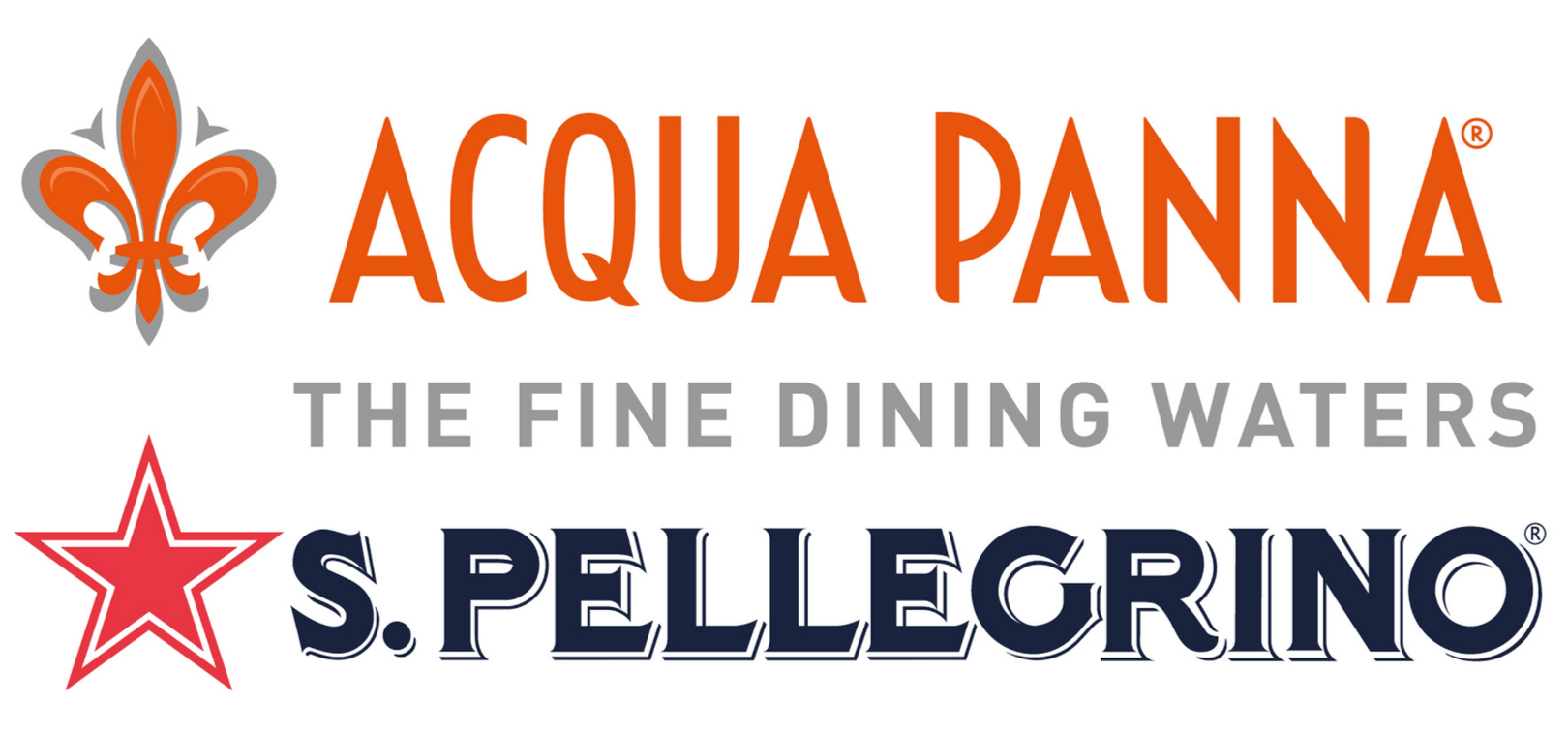 A logo featuring a stylized orange fleur-de-lis on the left. To the right, the text reads 'AQUA PANNA' in large orange letters, with the tagline 'THE FINE DINING WATERS' in smaller gray letters underneath. Below, the logo also includes a red star and the text 'S. PELLEGRINO' in dark blue letters.