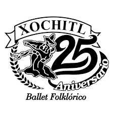 Logo for Xochitl Ballet Folklórico celebrating its 25th anniversary, featuring a dancer, a wreath, and the text