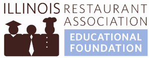 Illinois Restaurant Association Educational Foundation logo with stylized silhouettes of three people, one wearing a graduation cap, one with a chef's hat, and the third with a chef's hat, alongside text in black and blue.