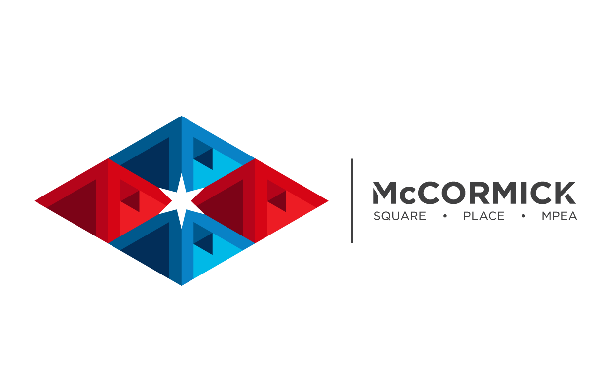Logo of McCormick comprising a 3D geometric square shape in red and blue with a white star in the center, alongside the text 'McCormick' and the words 'Square,' 'Place,' and 'MPEA' underneath.