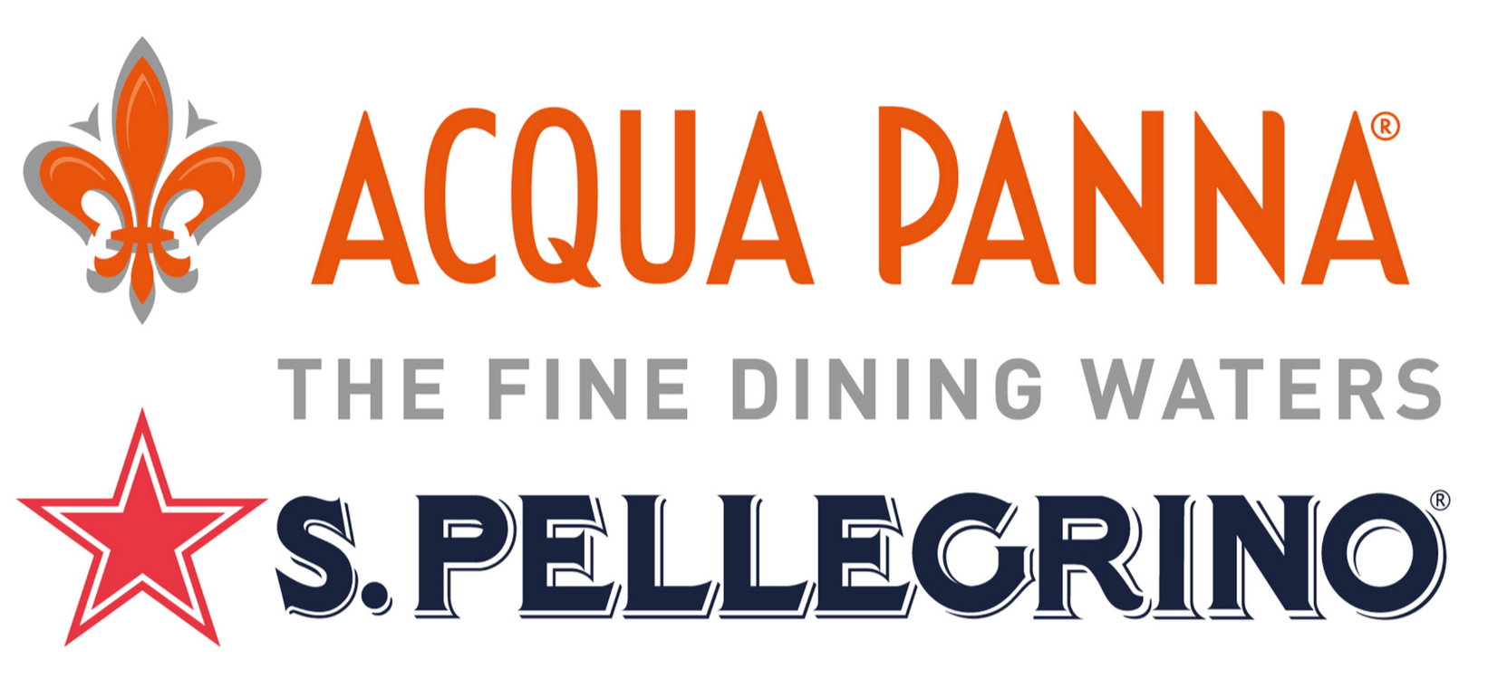 Logo for Aqua Panna with orange flower emblem and S. Pellegrino with red star emblem.