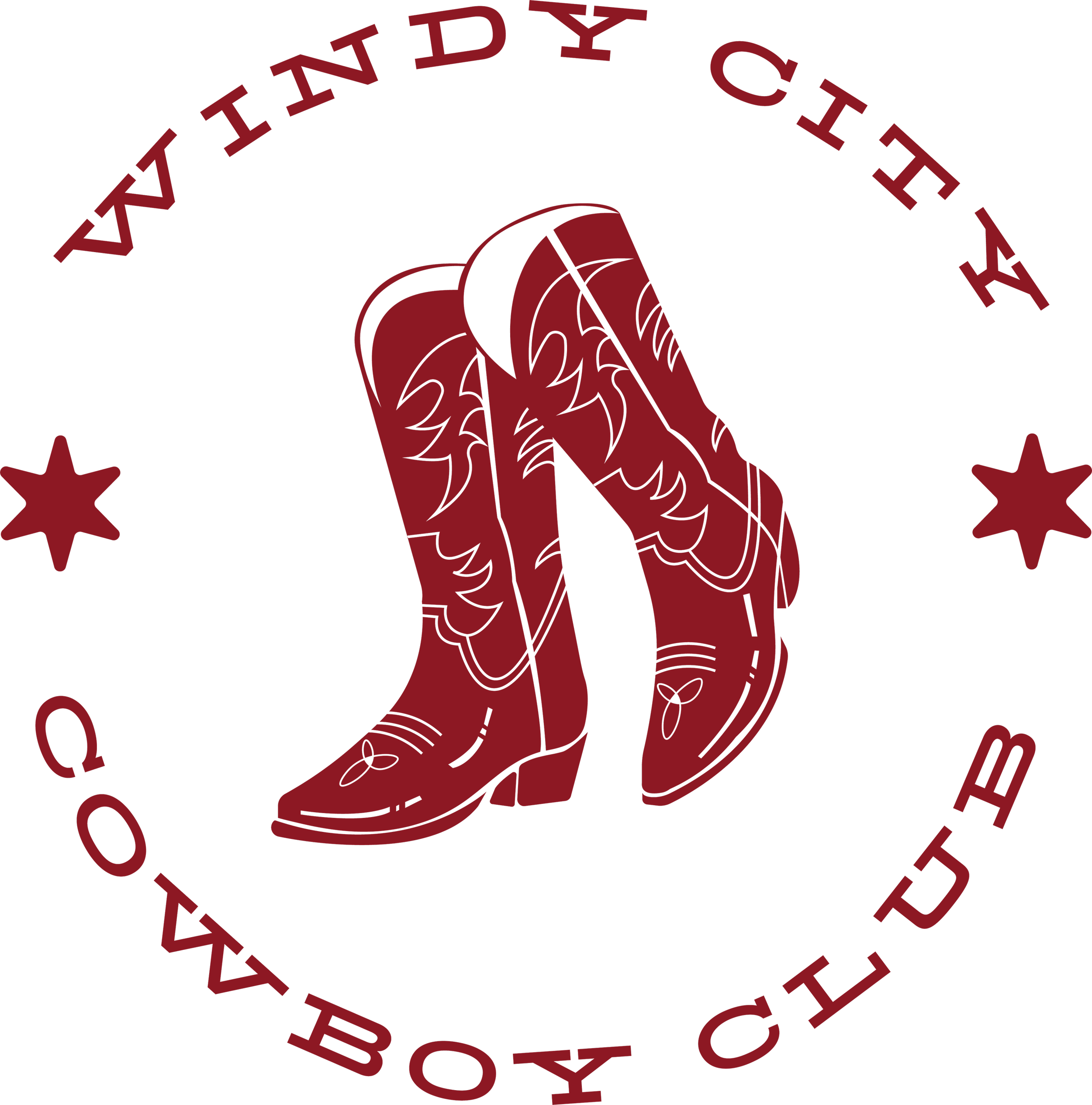 Logo of red cowboy boots surrounded by the words "Windy City Cowboy Club"
