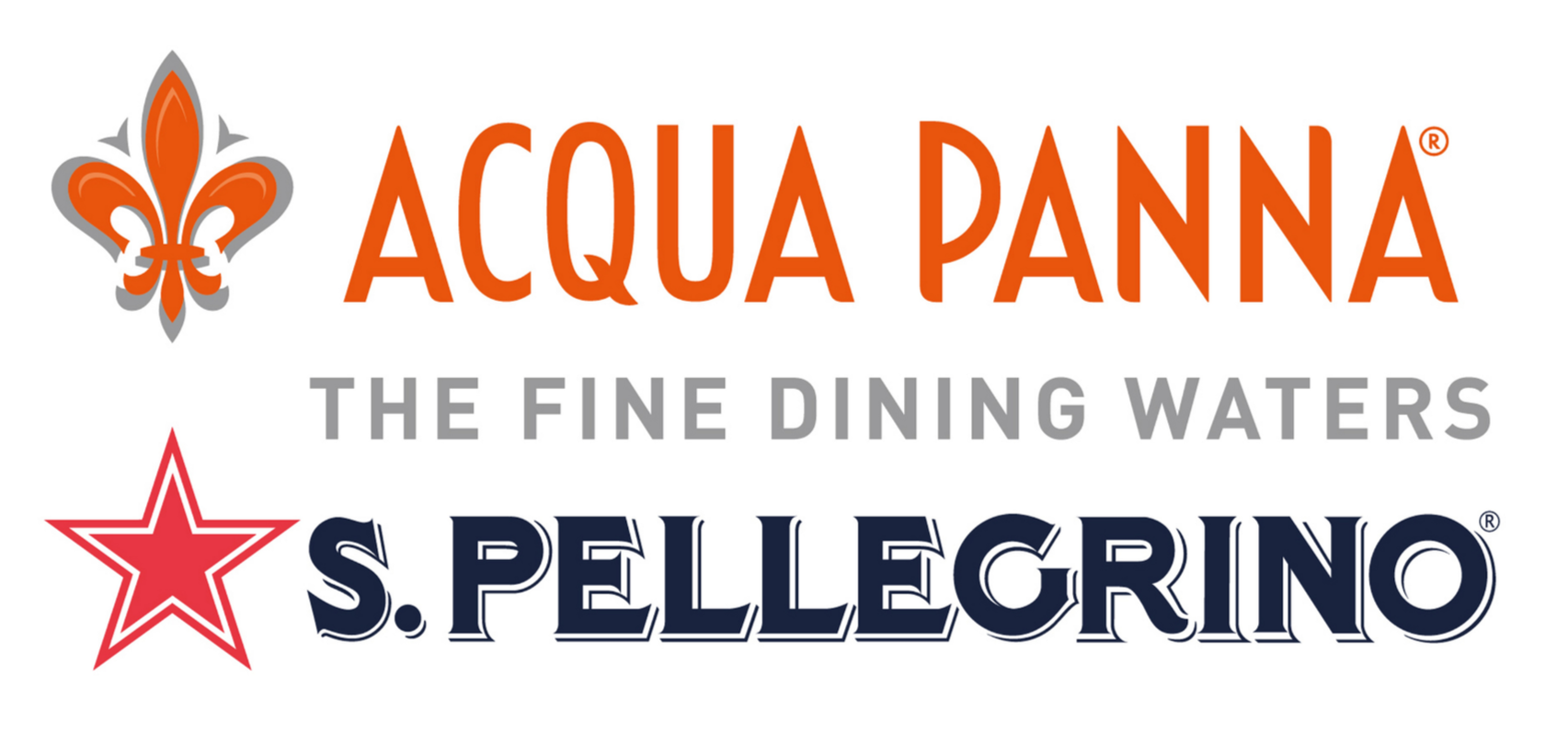 A logo combining the brands Aqua Panna and S. Pellegrino with their respective slogans.