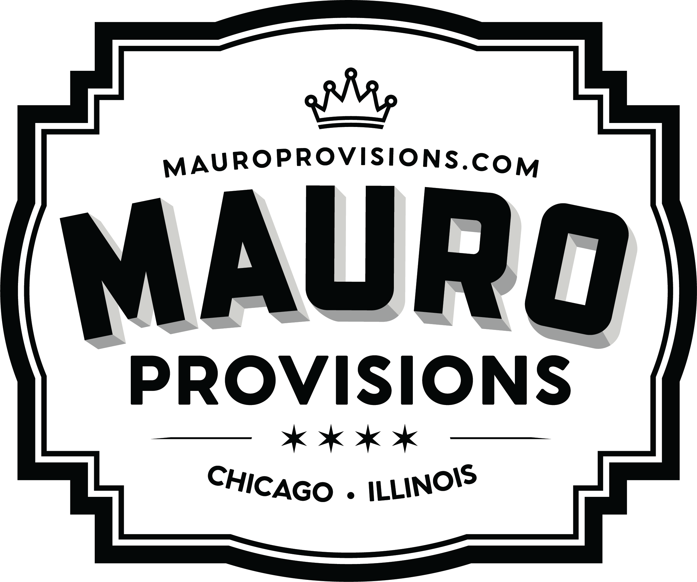 A black and white logo, the text "MAUROPROVISIONS.COM" at the top, a crown symbol above the website, and large bold text "MAURO" in the center. Below are the cities "Chicago, Illinois" and a series of stars at the bottom.