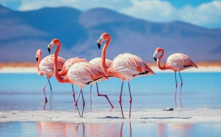 Group of flamingos standing in shallow water with mountains in the background.