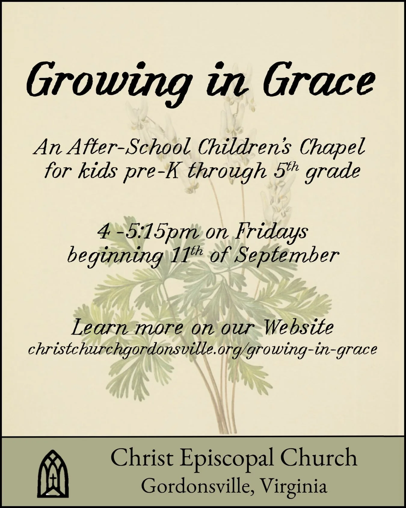 Christ Church is starting a new after-school program for pre-K and elementary school children. Growing in Grace will feature Bible stories, child-centered prayer, and hands-on activities. Learn more about the program, including how to enroll your chi