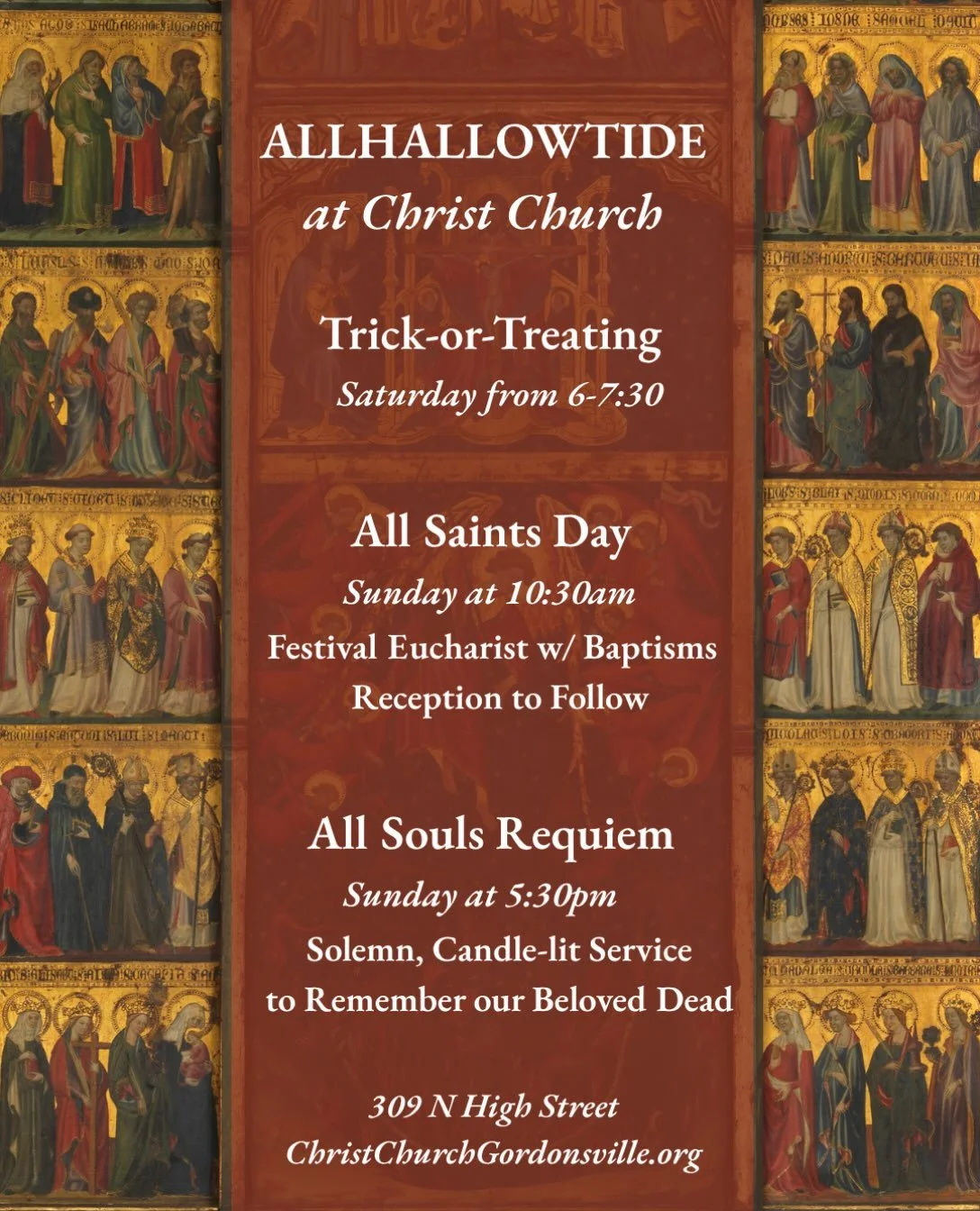 There's lots going on at Christ Church this weekend. Do join us!

Trick-or-Treating- Saturday from 6-7:30
Christ Church will be open for Trick-or-Treating on Halloween. Stop by to help pass out candy! Costumes encouraged.

All Saints Said Service- Su