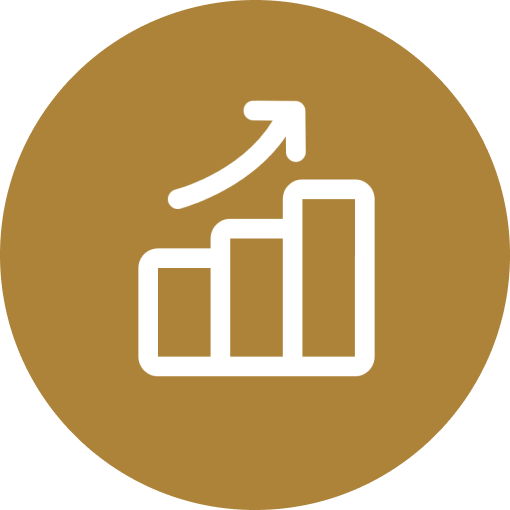 White bar graph with upward arrow on brown circular background.