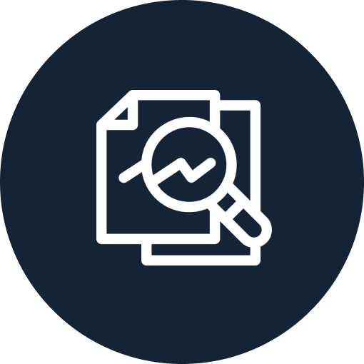 Icon of a document with a magnifying glass showing a line graph, representing data analysis or research.