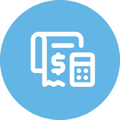 Icon of a bank statement, dollar sign, and calculator on a blue circular background