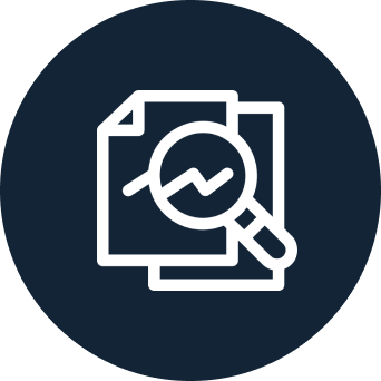 Icon of a report or document with a magnifying glass and a line graph.