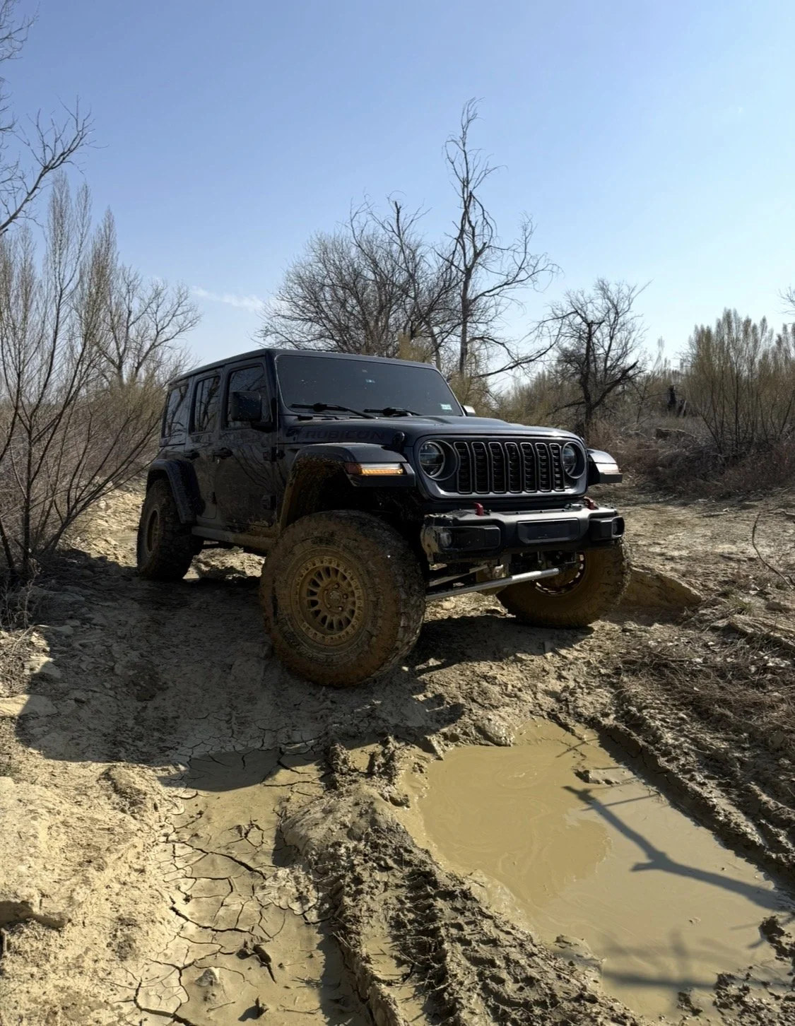 A black Jeep Rubicon off-road vehicle with muddy tires navigating a dirt trail with a muddy puddle in front of it. Bare trees and bushes surround the trail under a clear blue sky.