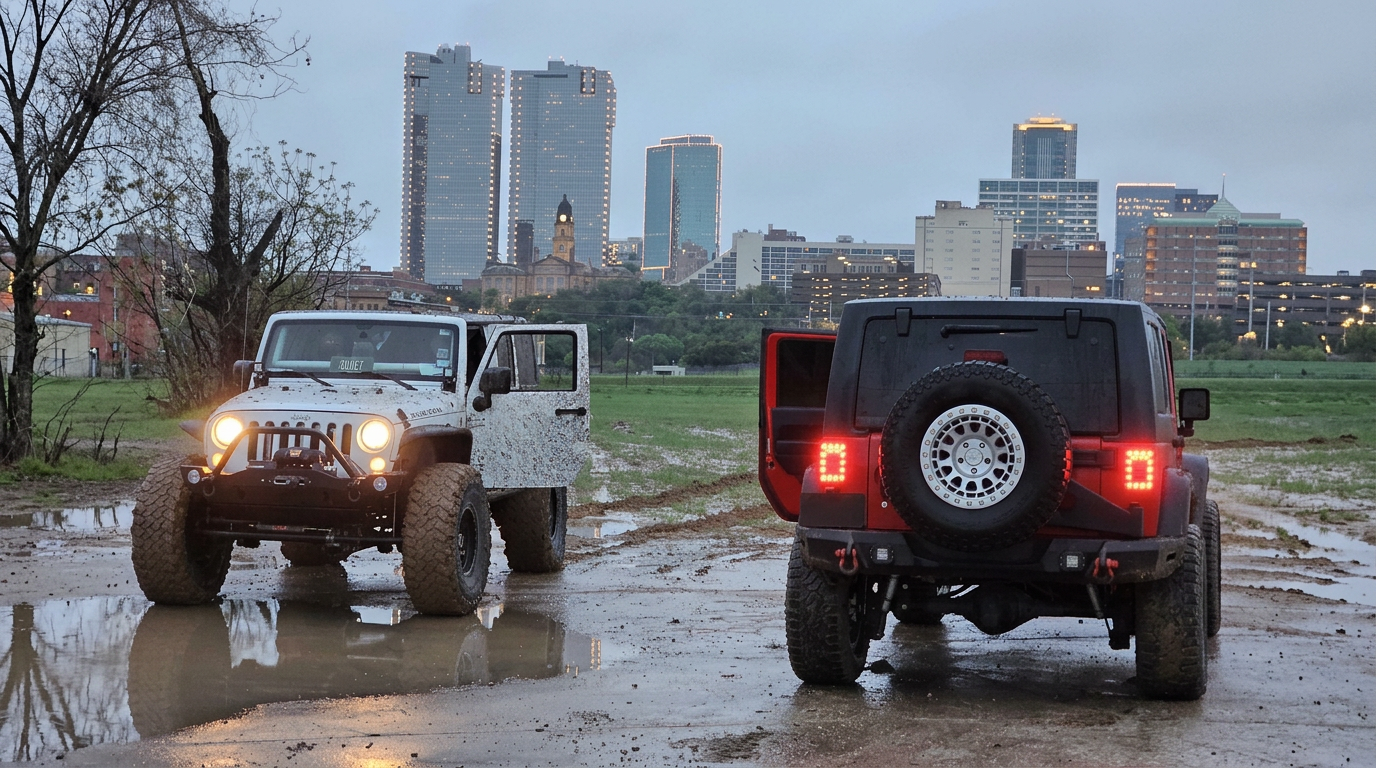 Two Jeep vehicles parked on a muddy, wet field with puddles, with a city skyline in the background during early evening or dusk.