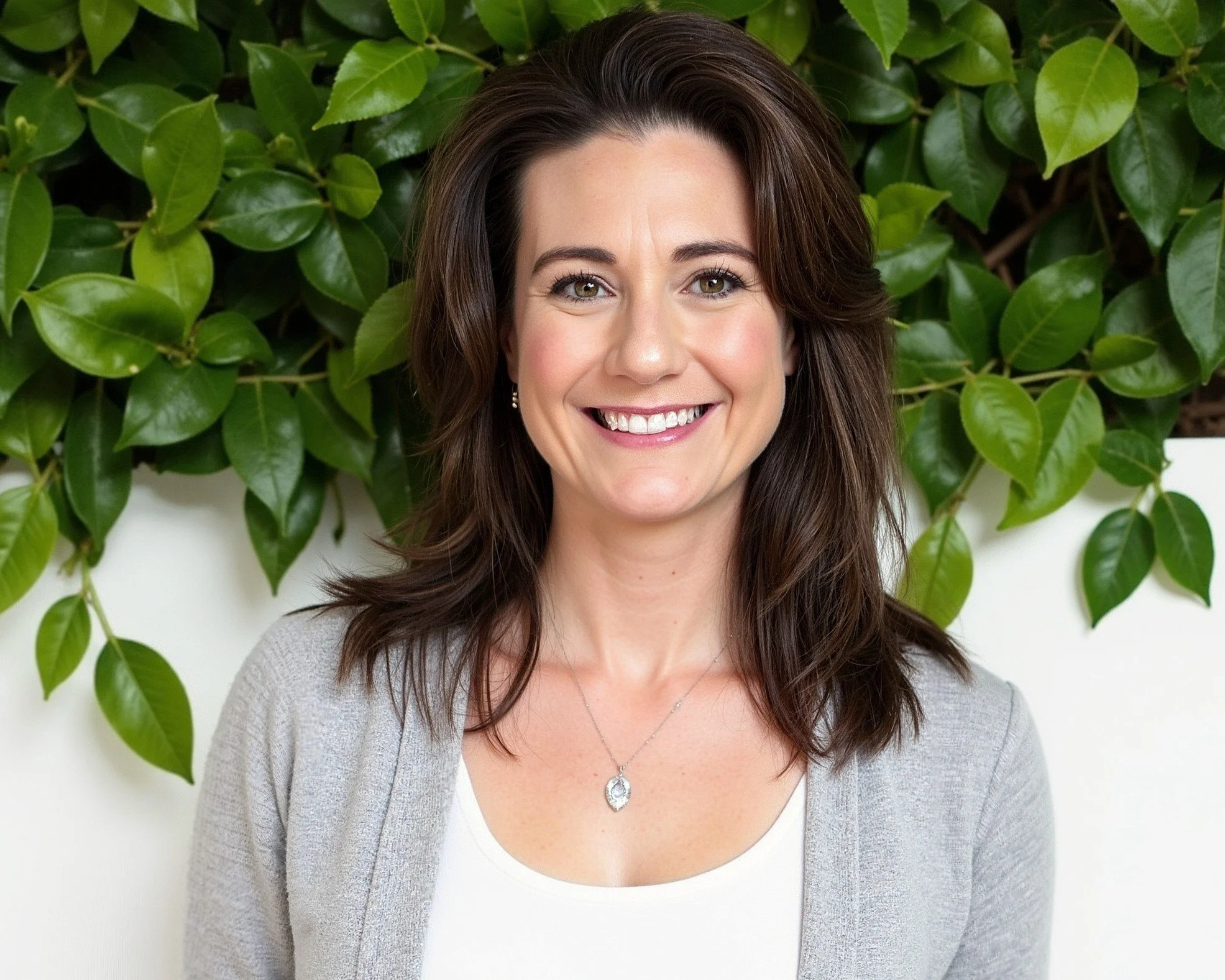 A woman with shoulder-length brown hair smiling, wearing a light gray cardigan, a white top, and a necklace, standing in front of a green leafy plant.