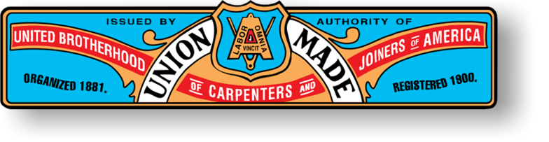 United Brotherhood of Carpenters and Joiners of America union badge with blue background, red and black text, and a seal with the motto 'Labor for Vinci'.