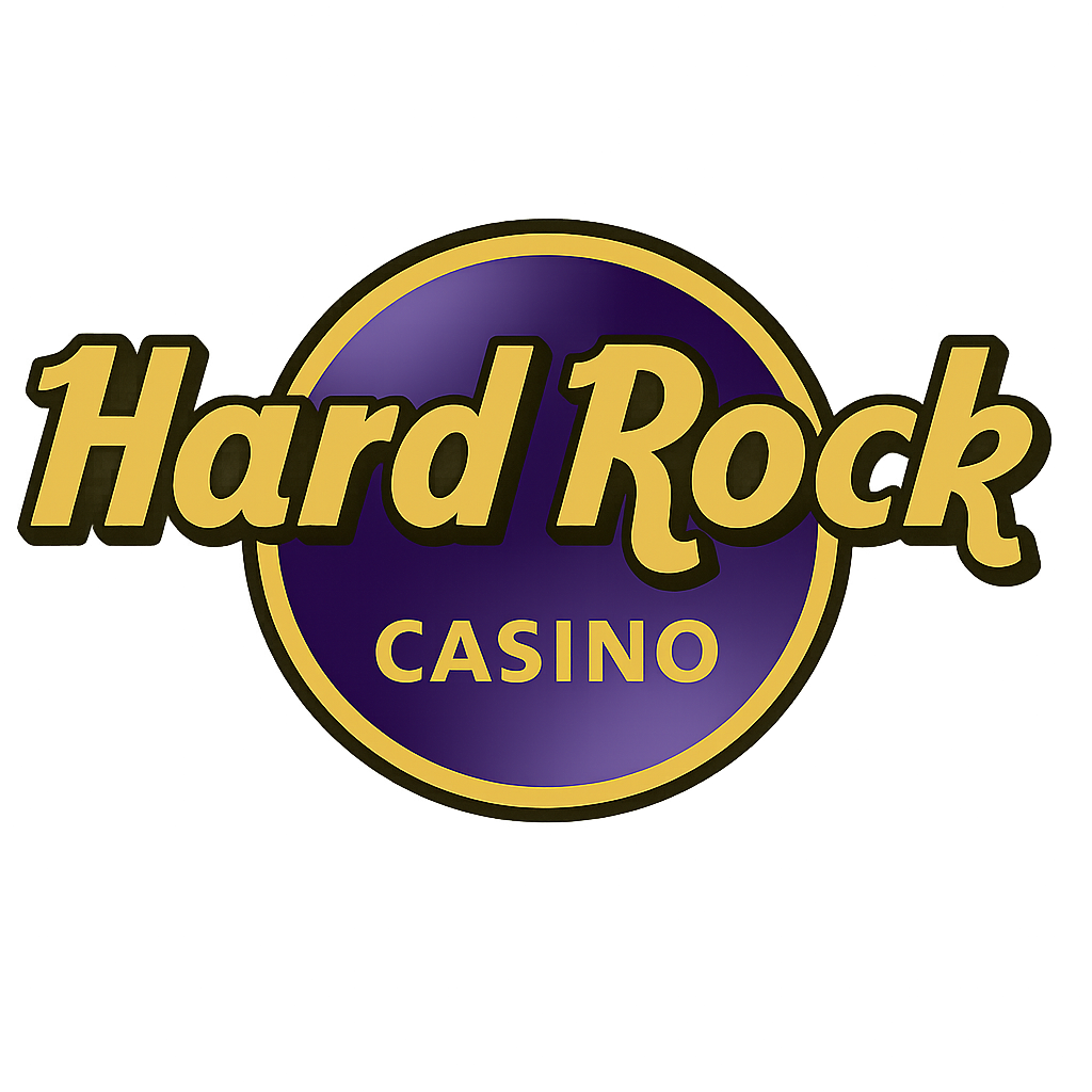 Logo of Hard Rock Casino with yellow and purple circular design and stylized text.