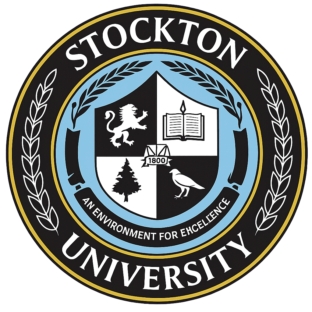 Seal of Stockton University featuring a lion, a book, a pine tree, and a bird, with the motto 'An Environment for Excellence' and the year 1800.