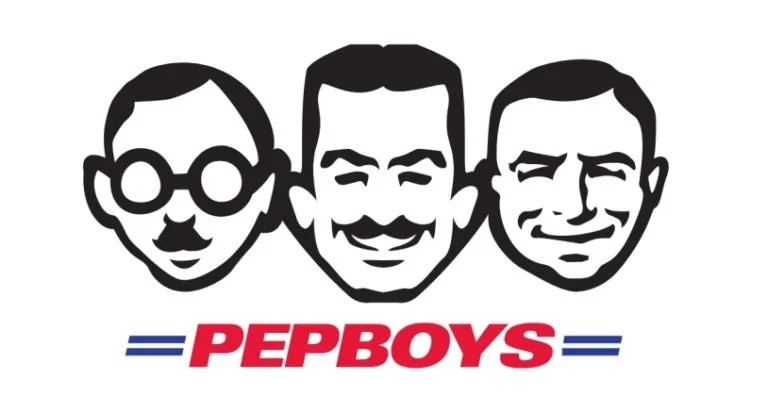 Illustration of three men's faces with different hairstyles, smiling, with the text "PEPBOYS" in red and blue underneath.