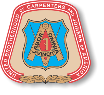 United Brotherhood of Carpenters and Joiners of America emblem with a shield, compass, and motto 'Labor Omnia Vincit'