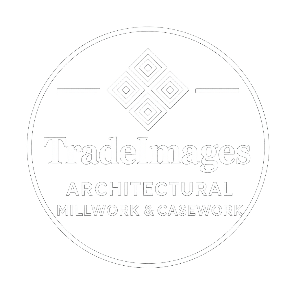 Logo for TradeImages Architectural Millwork & Casework featuring a geometric design, with the company name and services in white text on a black background.