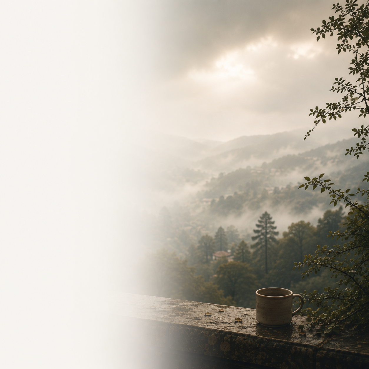 A coffee mug on a stone surface with a foggy mountain landscape and trees in the background.