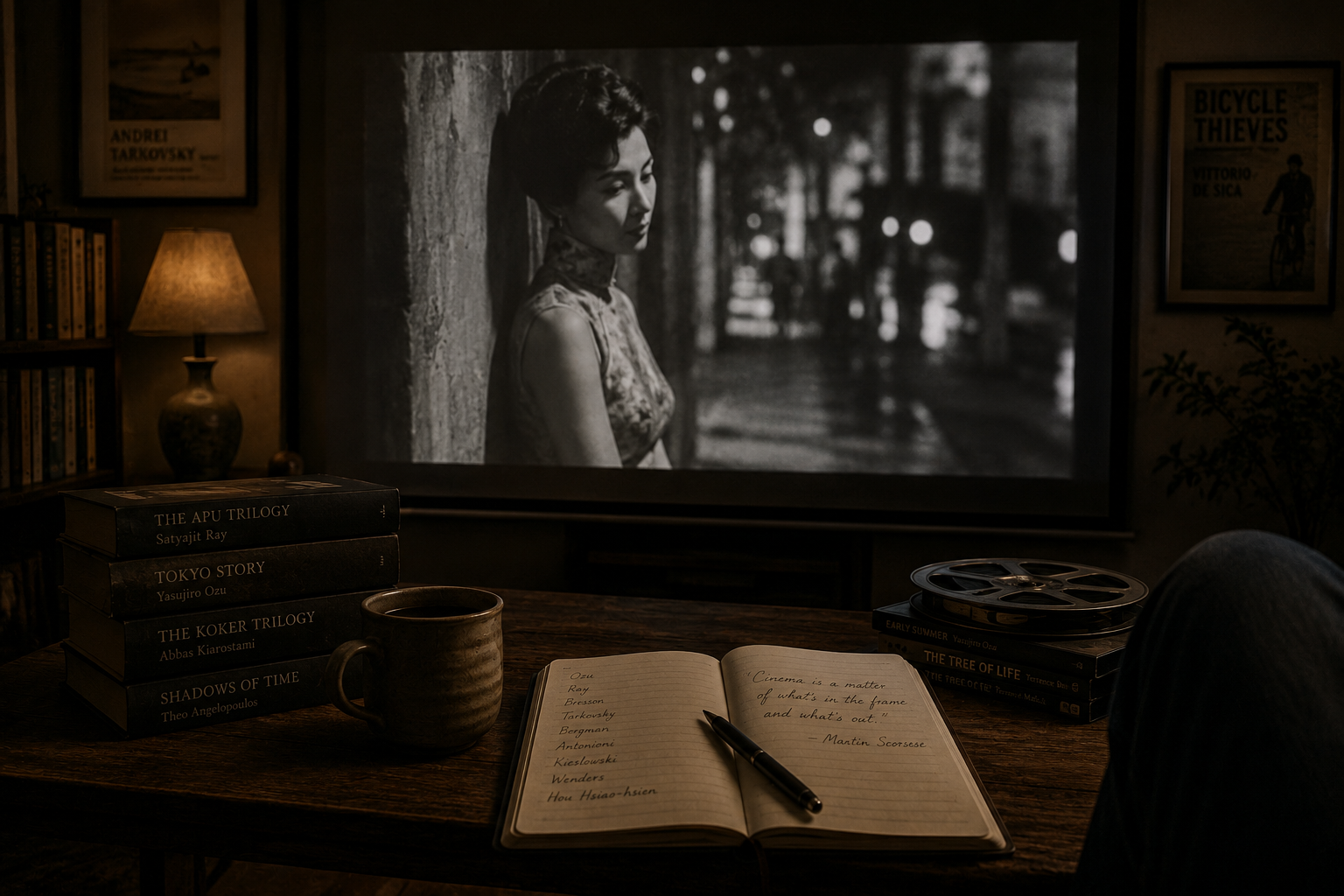 A black-and-white film playing on a projector shows a woman with short hair in a floral dress leaning against a tree outdoors, with blurred city lights in the background. In the room, there are books, a lamp, a mug, an open notebook with a quote about cinema, and a small stack of books on a wooden table.