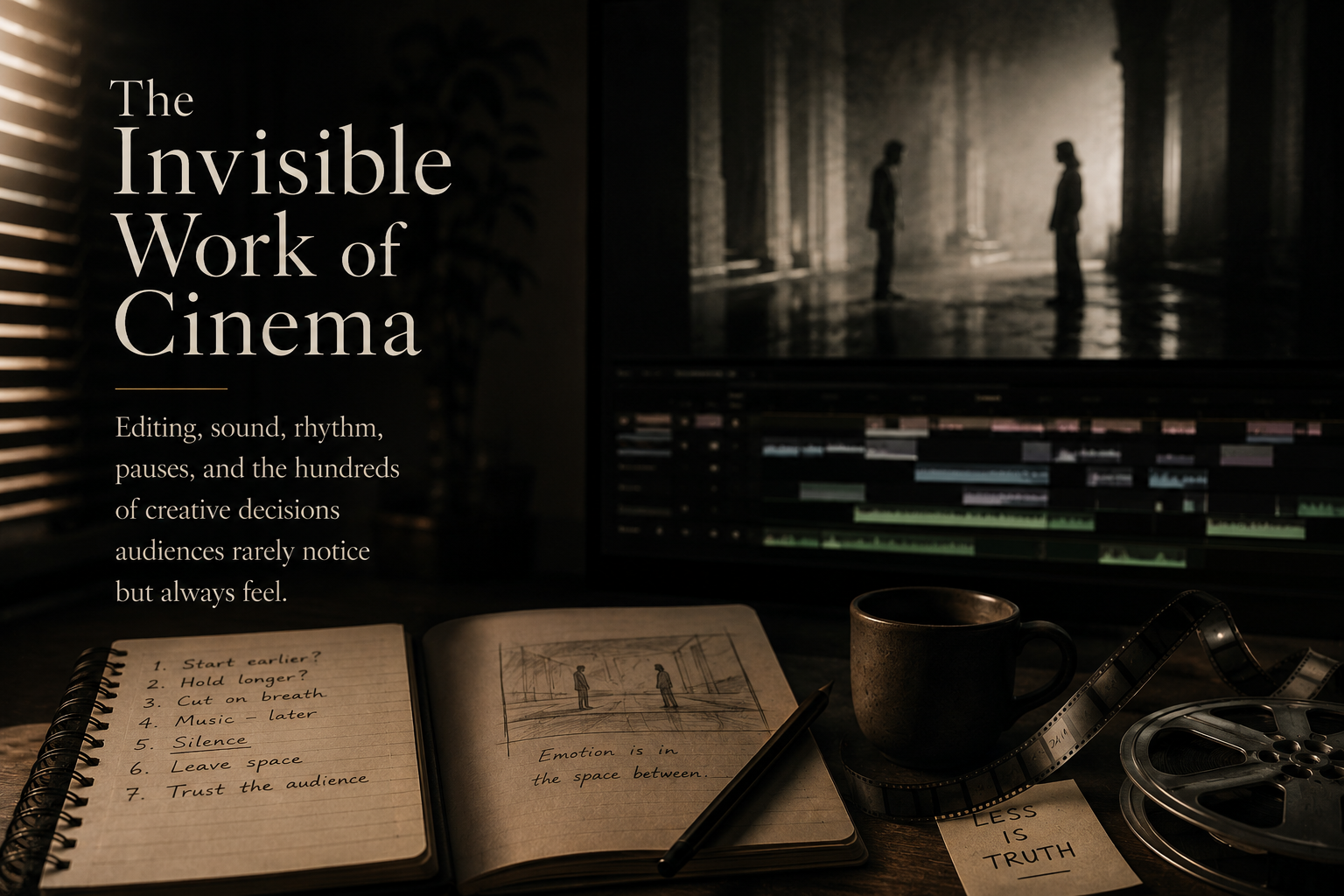 Image of a film editing workspace with a notebook, pen, cup, film reel, and a strip of film on a table. Behind, a computer screen displays a scene with two people standing apart in a dimly lit, classical architectural setting, and a video editing timeline.