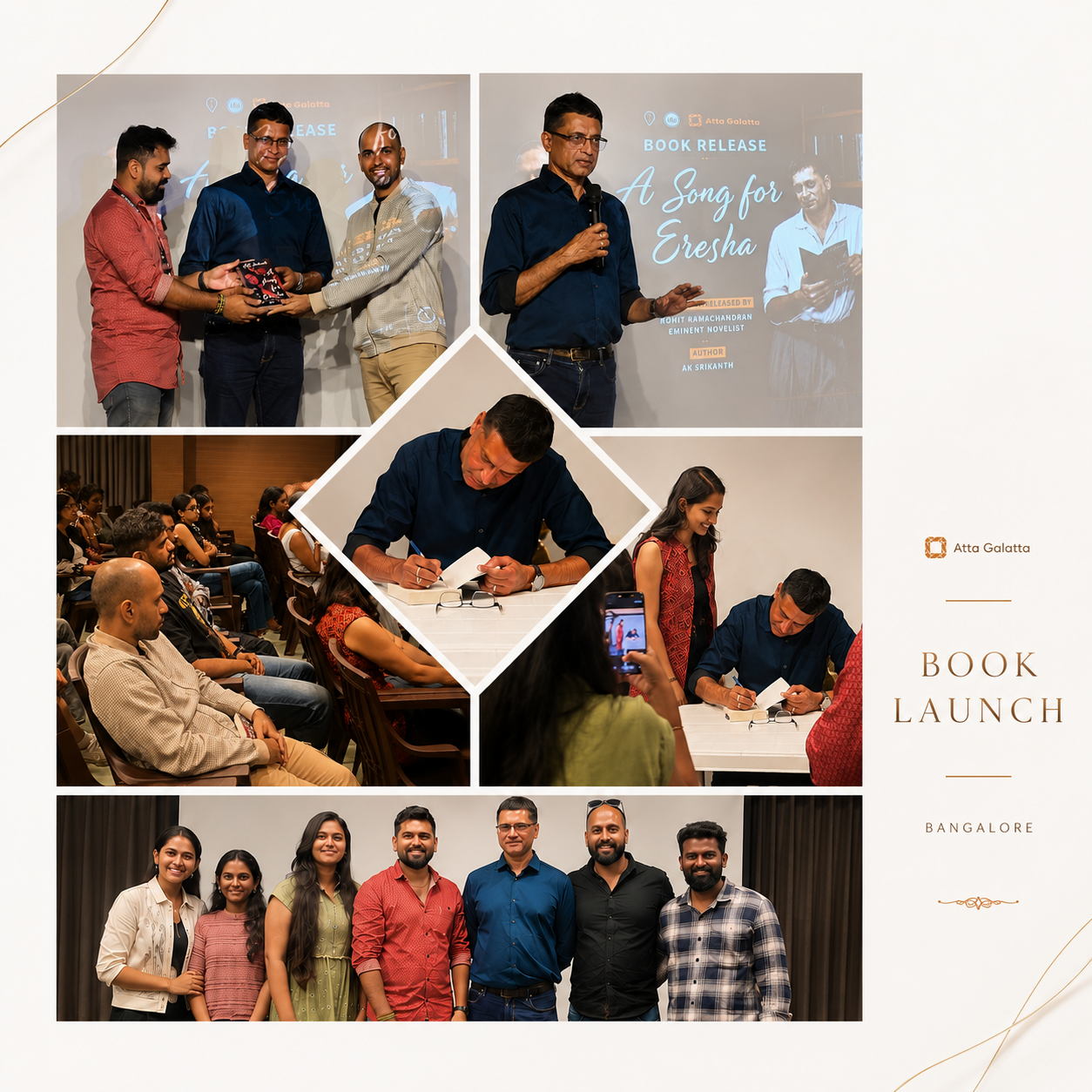 A collage of photos from a book launch event. The top left shows three men exchanging an award or gift. The top right features a man speaking into a microphone with a book release poster in the background. The center left captures a man signing a book at a table, while the center right shows a woman next to him. The bottom left depicts an audience seated at the event, and the bottom right has five smiling people posing together.