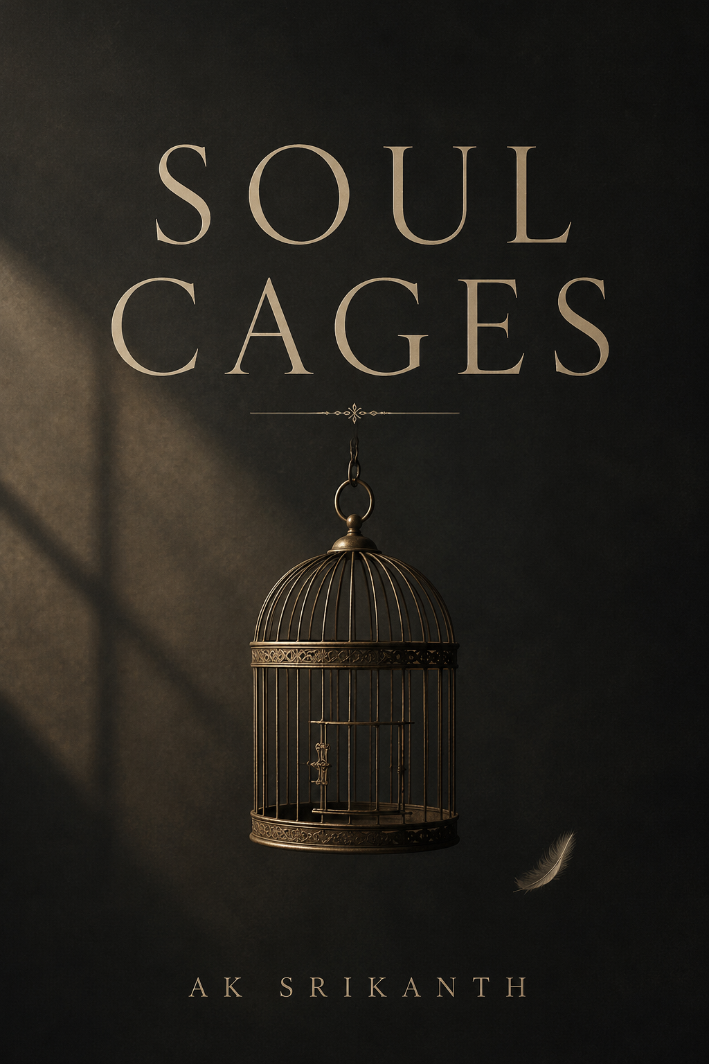 Book cover titled "Soul Cages" by A K Srikanth featuring a gold birdcage and a floating feather on a dark background.