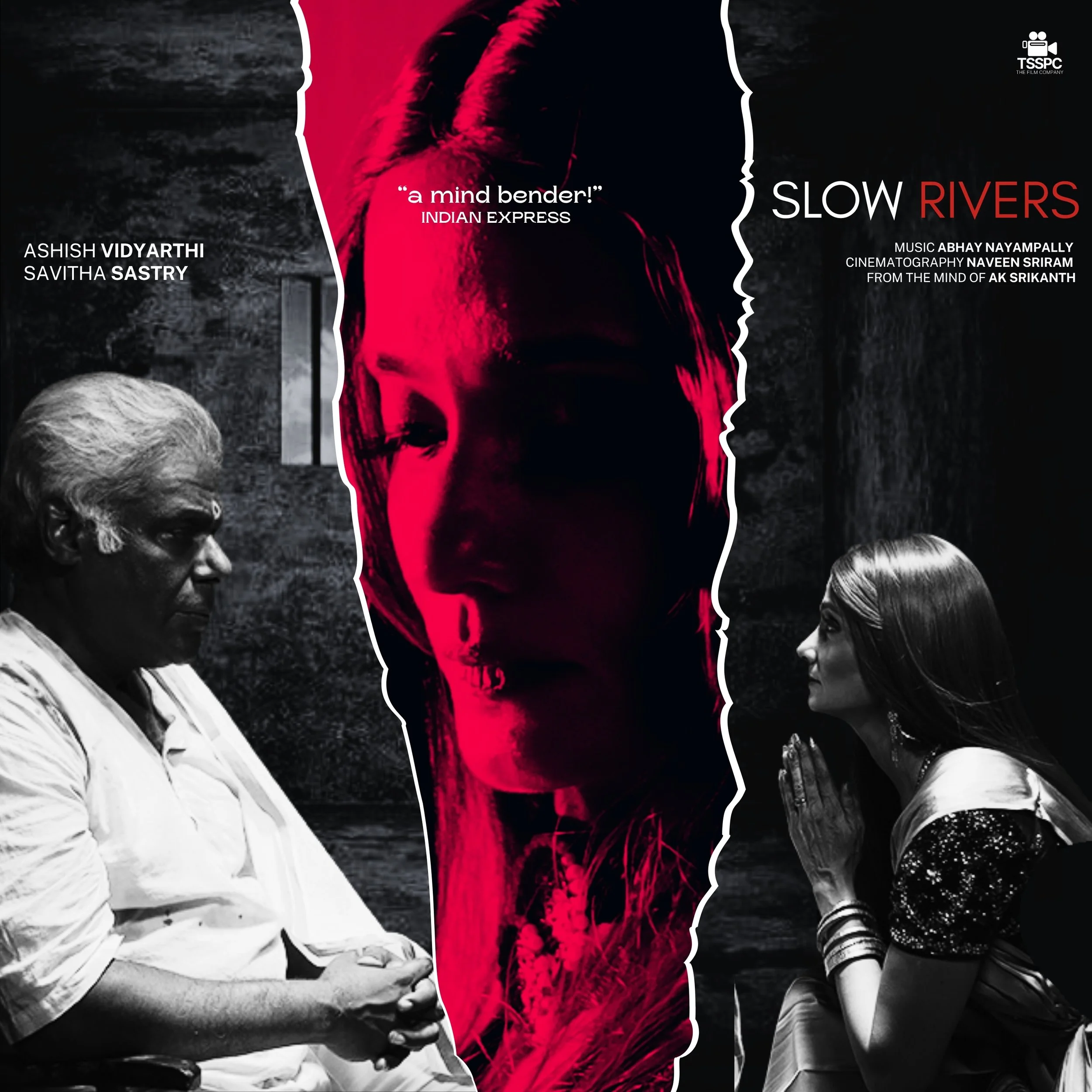 Movie poster for 'Slow Rivers' featuring a woman's face with half of it in pink and black, flanked by a praying woman in traditional attire and an elderly man with white hair, all in black and white. Text includes titles, credits, and quotes.