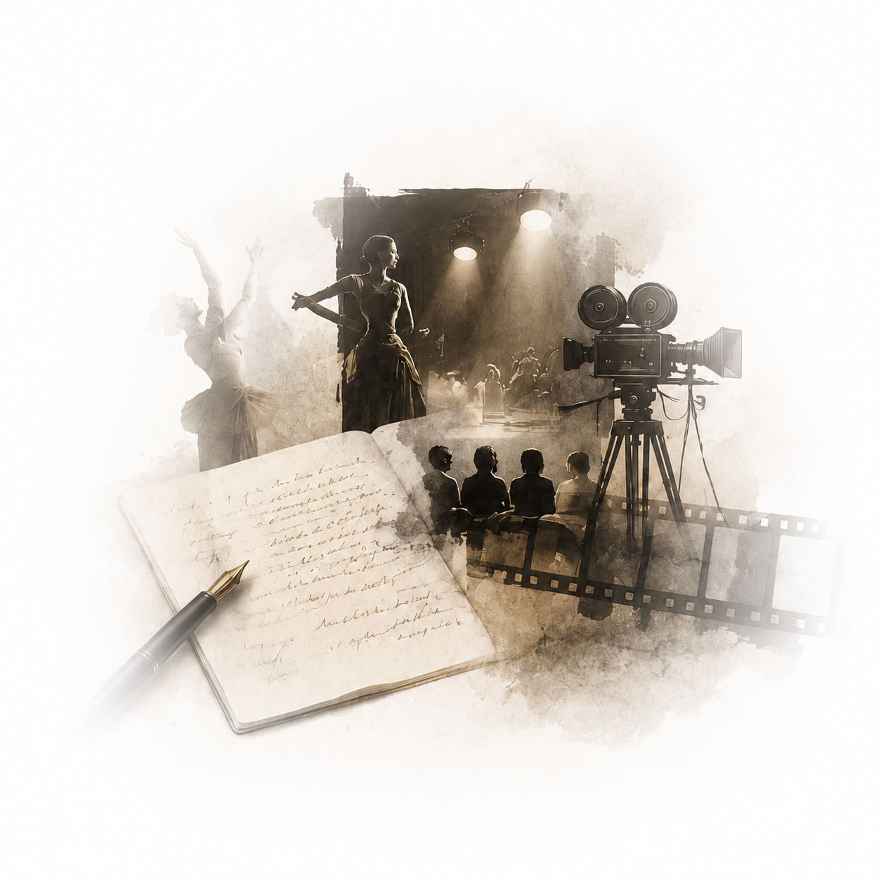 A vintage film scene with dancers on stage, a camera on a tripod recording the performance, and an open handwritten notebook with a pen, overlaying the scene to create a nostalgic aesthetic.
