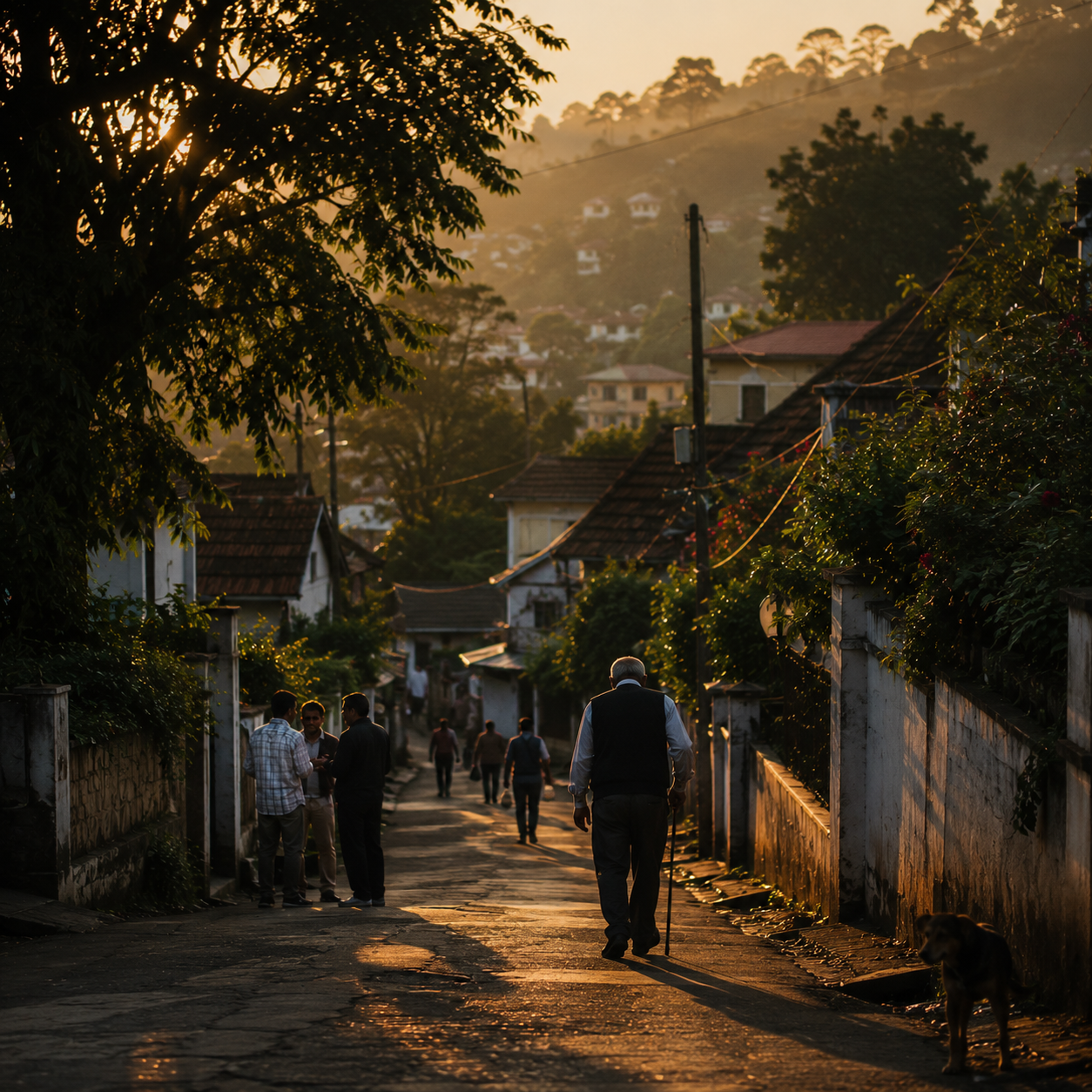 A street scene at sunset with people walking and talking, a man with a walking stick in the foreground, and houses with tiled roofs on either side, surrounded by lush trees and hills in the background.