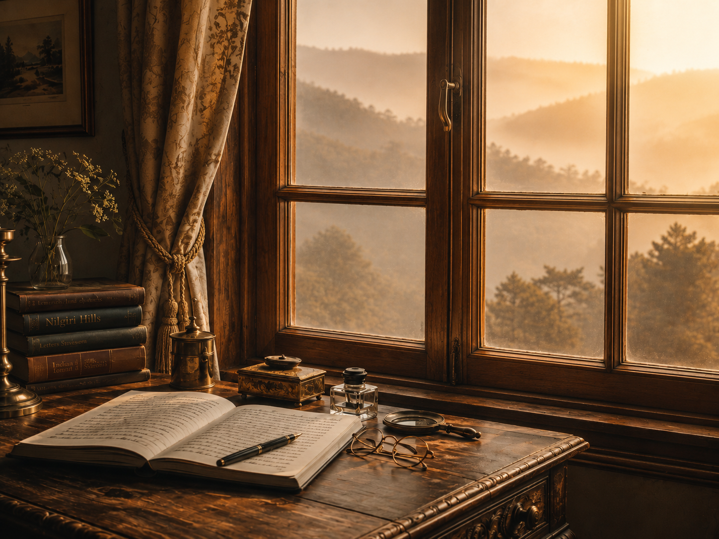 A wooden desk by a window with a view of mountains at sunset, featuring an open book, a pen, glasses, a magnifying glass, a perfume bottle, a decorative box, and a stack of books.