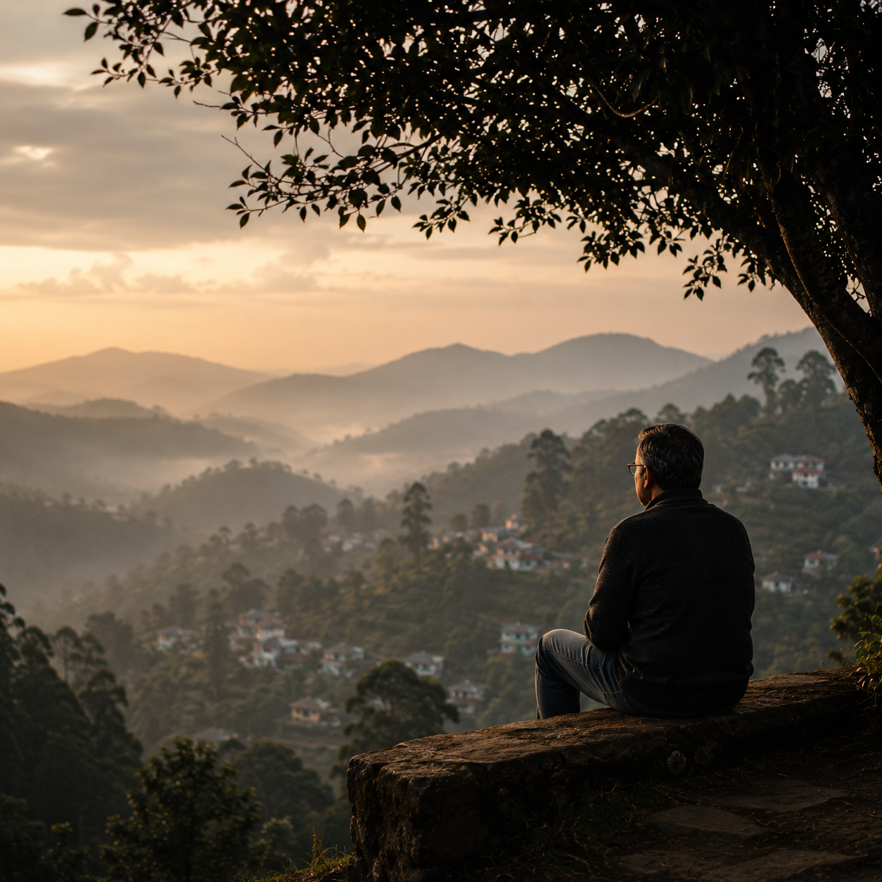 A man sitting on a rock beneath a tree, overlooking a landscape of rolling hills and houses at sunset.