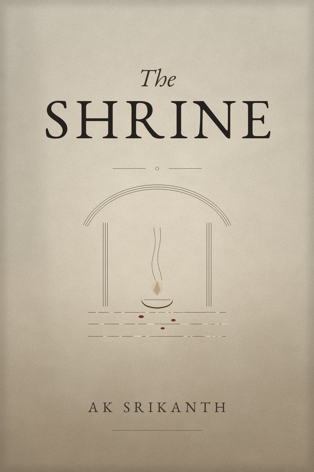 The cover of a book titled 'The Shrine' by AK Srikant, featuring minimalist artwork of a shrine with smoke rising from a small fire or lamp.