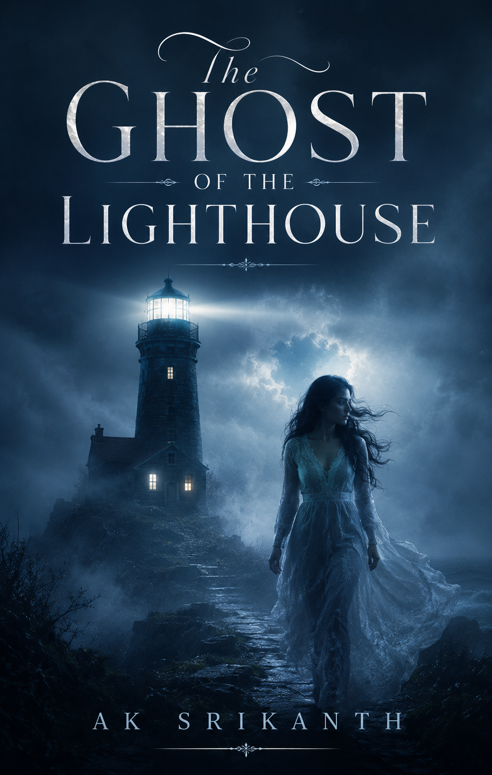 Book cover titled "The Ghost of the Lighthouse" by A K Srikanth, depicting a woman in a flowing dress walking on a rocky path near a lighthouse at night with stormy clouds and full moon in the background.