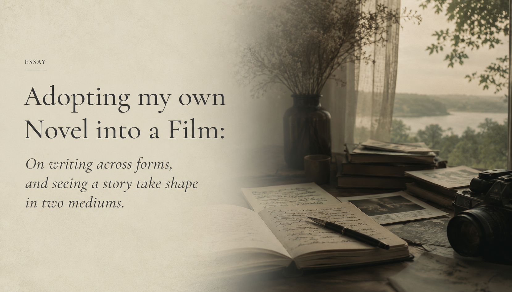 Atmospheric writing desk and cinematic composition representing the adaptation of the novel A Song for Eresha into film by author and director AK Srikanth