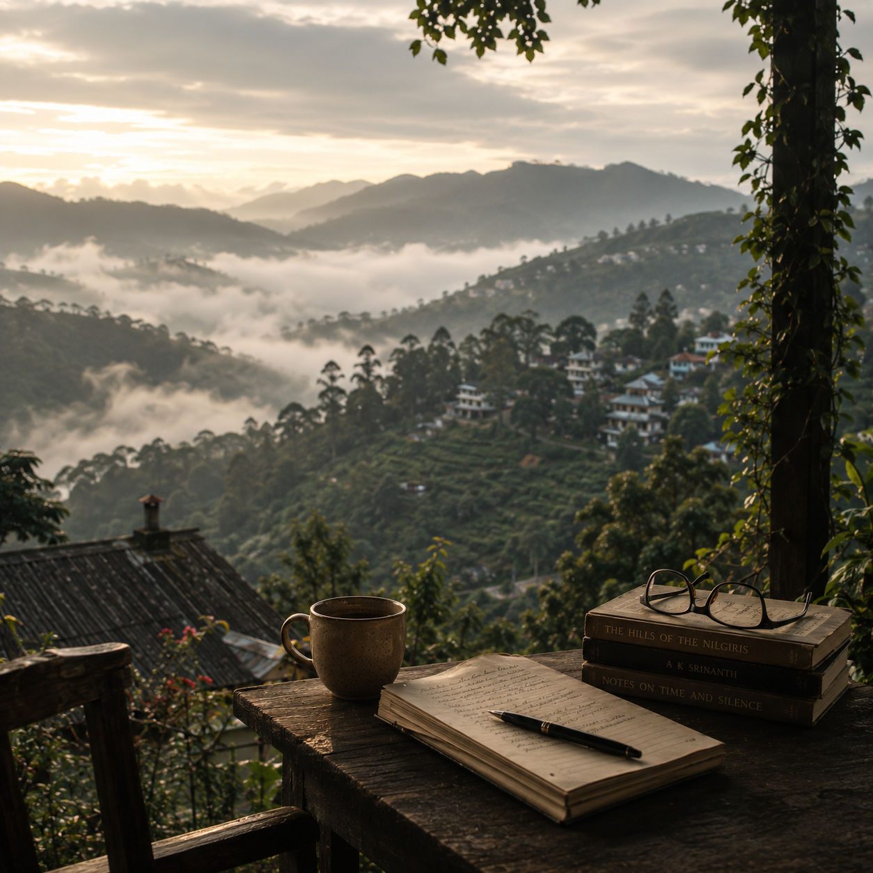 A wooden table with a mug of coffee, an open notebook with writing, a pen, and three stacked books with glasses on top, set on a balcony overlooking a misty mountain landscape with scattered houses and lush greenery during sunrise or sunset.