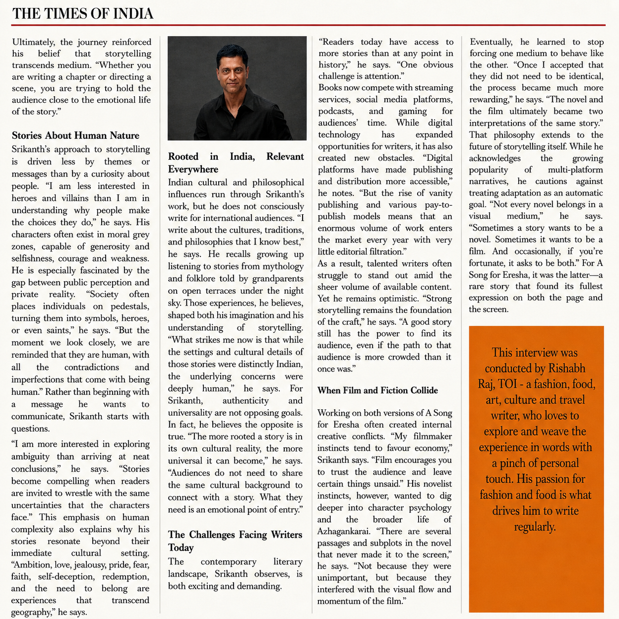 Page from The Times of India featuring an article about author Srikant, including a photo of him, and an orange box with text about Rishabh Raj, a writer interested in fashion, food, art, culture, and travel.