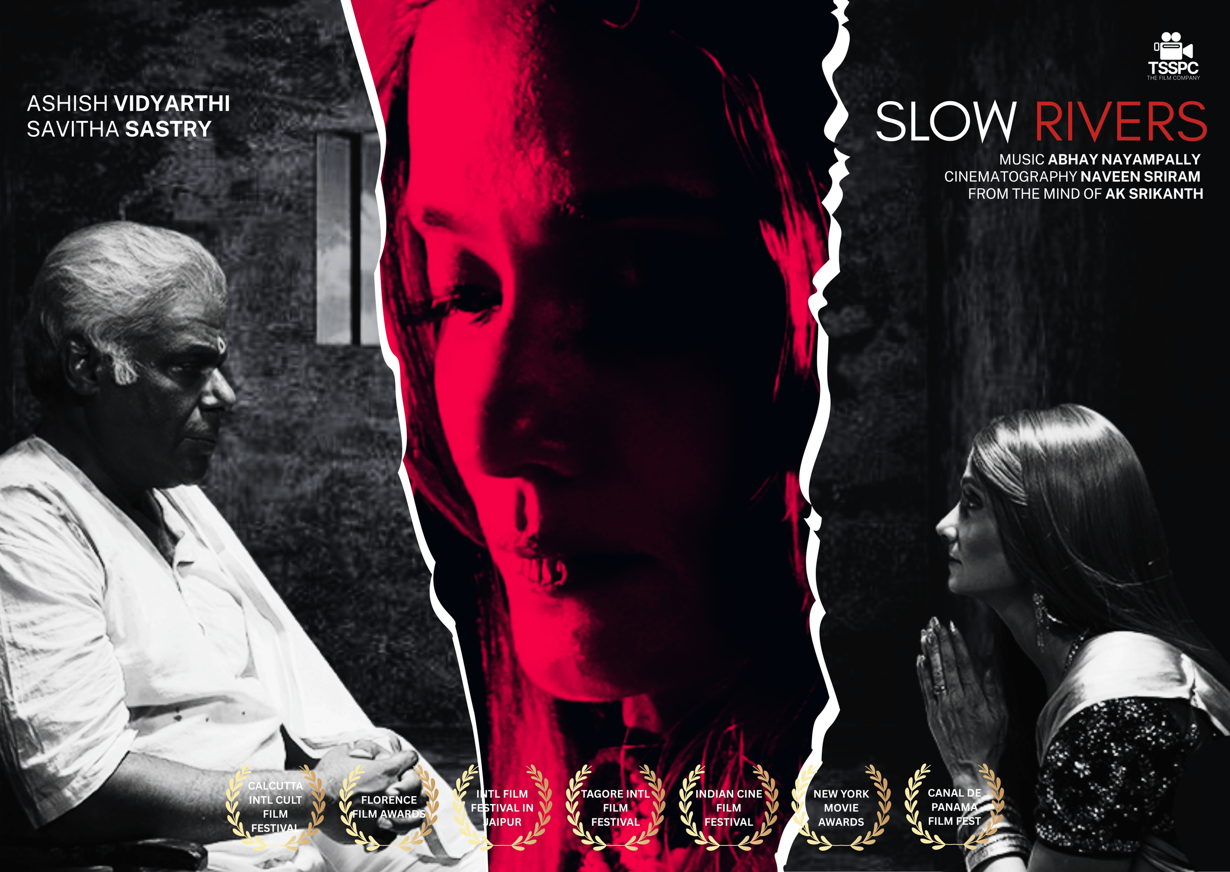 A promotional poster for the film 'Slow Rivers' featuring two individuals in black-and-white on either side, with a central red-tinted silhouette of a woman's face with a skull visible inside. The poster includes text with director and cast names, film festival awards, and a production company logo.