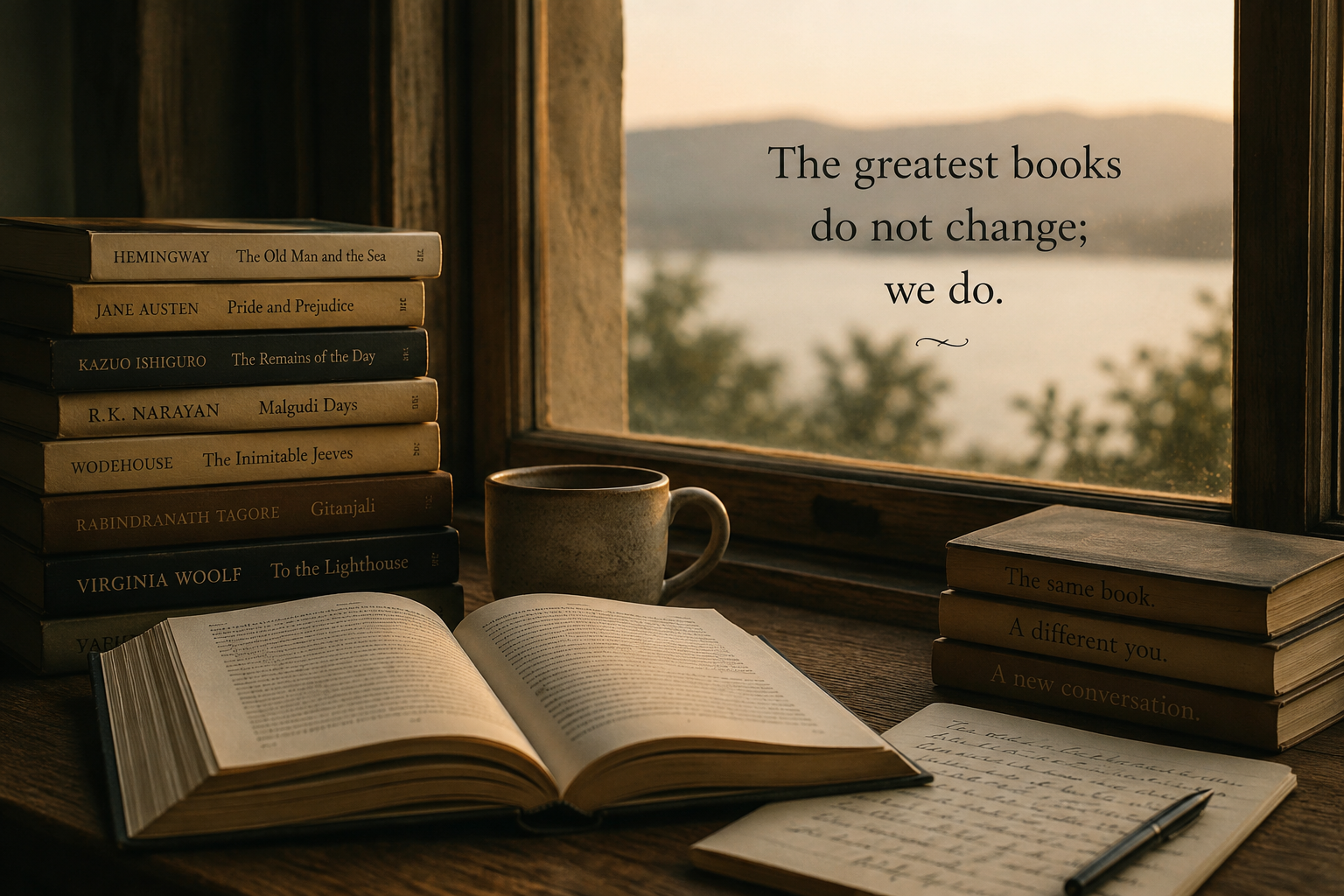 A wooden desk with a collection of books, an open book, a cup, and handwritten notes near a window with a quote about books on the glass, overlooking a scenic background.