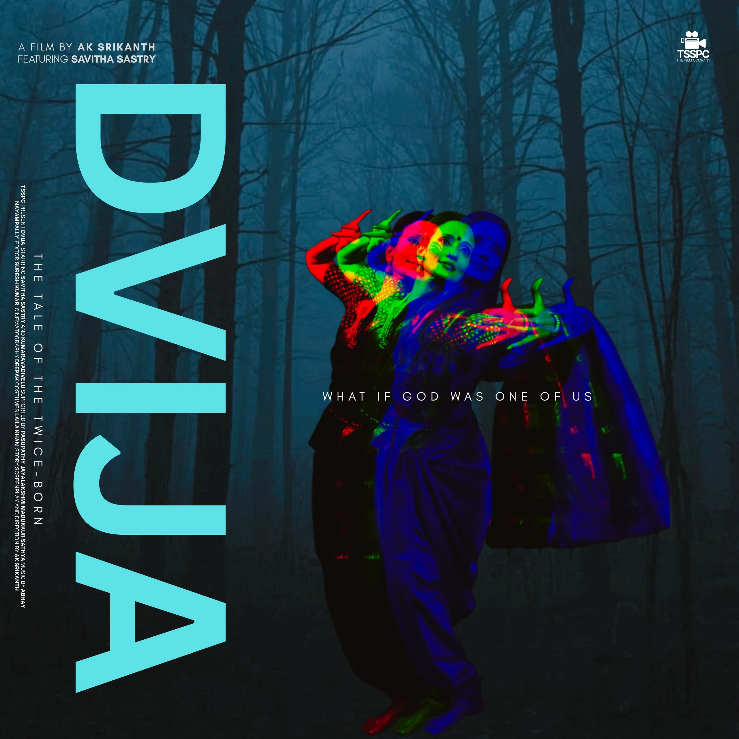 Colorful digital art of a woman in traditional attire, multi-colored projection, standing in a dark forest with leafless trees, with the title 'OYAAD' and the phrase 'What if God was one of us'