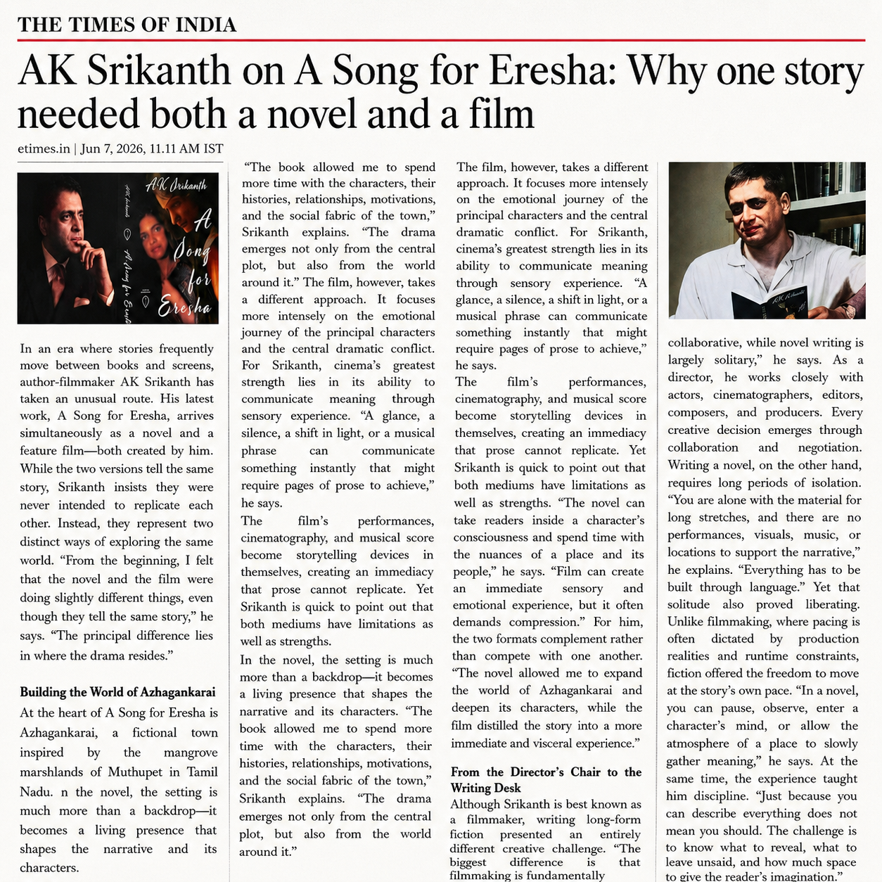 A newspaper article from The Times of India titled 'AK Srikanth on A Song for Eresha: Why one story needed both a novel and a film,' featuring two color photographs: one of AK Srikanth on the left and another of him reading a book on the right.